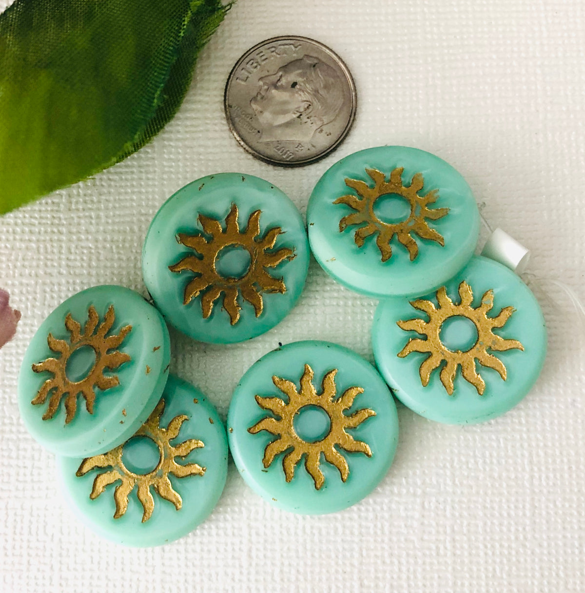 Czech Glass Sun Coin Matte Mint with a Gold Wash - Table Cut, 22 MM