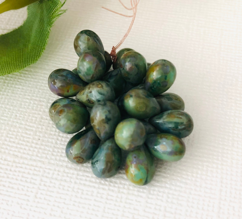 Czech Glass Sea Green Drop with Picasso Finish, 6 MM x 9 MM