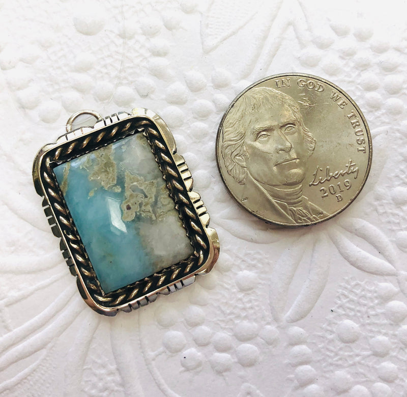 Navajo Sterling Silver Pendant with Larimar, Signed by the Artist