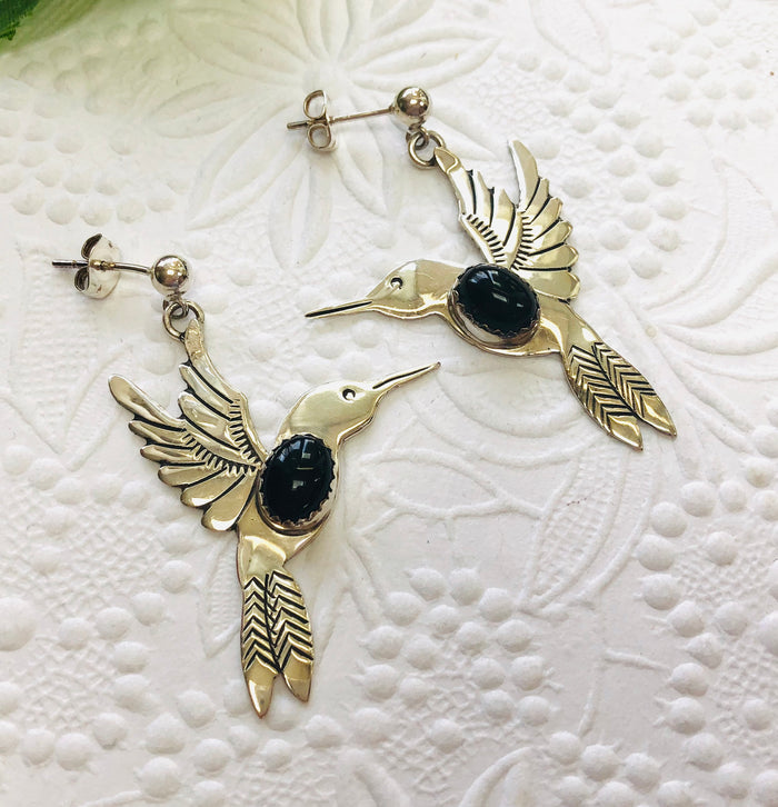 Sterling Silver Hummingbird Earrings with Black Onyx, Signed by the Artist