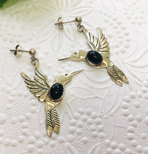 Sterling Silver Hummingbird Earrings with Black Onyx, Signed by the Artist