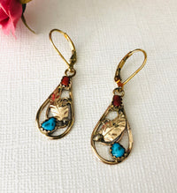 American Indian 12K Gold Fill Turquoise and Coral Lever Back Earrings, Signed by the Artist