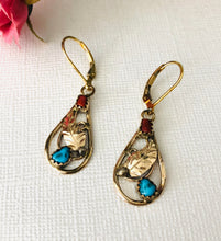 Load image into Gallery viewer, American Indian 12K Gold Fill Turquoise and Coral Lever Back Earrings, Signed by the Artist
