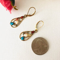 American Indian 12K Gold Fill Turquoise and Coral Lever Back Earrings, Signed by the Artist