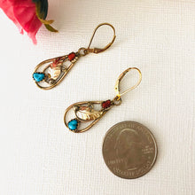 Load image into Gallery viewer, American Indian 12K Gold Fill Turquoise and Coral Lever Back Earrings, Signed by the Artist
