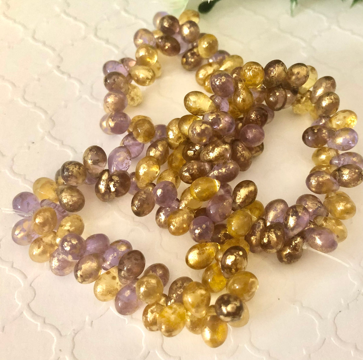 Czech Glass Drop Mix Of Grape and Pale Yellow Gold with Gold Finish, 6 MM x 9 MM