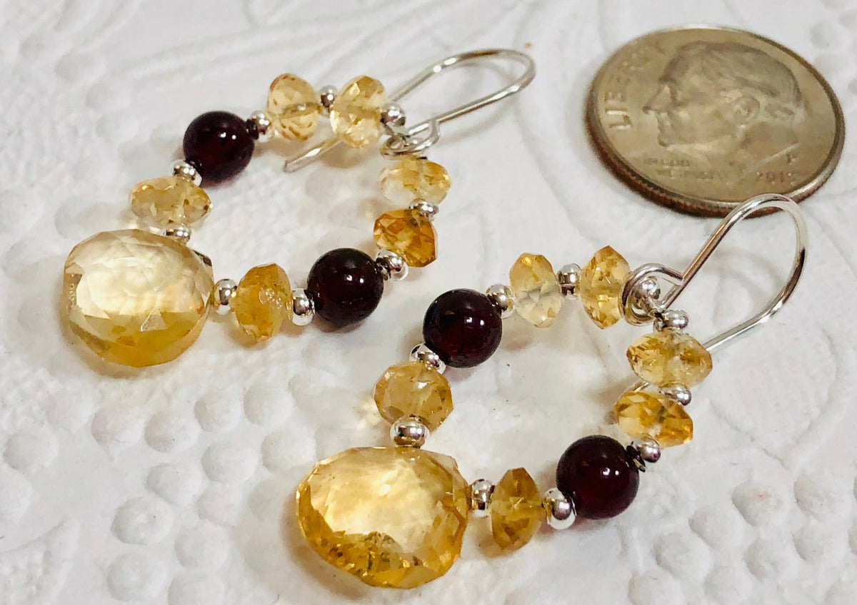 Citrine and Garnet  "Hoop" Earrings