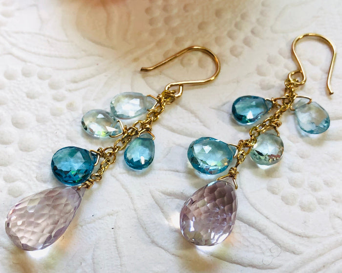 Swiss Blue Topaz and Pink Amethyst Earrings in 14K Gold Fill