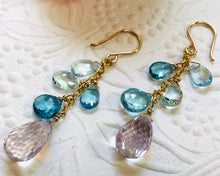 Load image into Gallery viewer, Swiss Blue Topaz and Pink Amethyst Earrings in 14K Gold Fill
