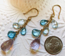 Load image into Gallery viewer, Swiss Blue Topaz and Pink Amethyst Earrings in 14K Gold Fill
