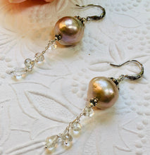 Load image into Gallery viewer, Light Mauve Freshwater Pearl and White Topaz Drop Earrings in Sterling Silver
