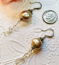 Load image into Gallery viewer, Light Mauve Freshwater Pearl and White Topaz Drop Earrings in Sterling Silver
