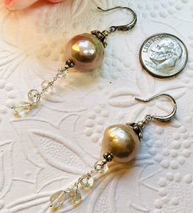 Light Mauve Freshwater Pearl and White Topaz Drop Earrings in Sterling Silver