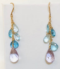 Load image into Gallery viewer, Swiss Blue Topaz and Pink Amethyst Earrings in 14K Gold Fill
