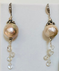 Light Mauve Freshwater Pearl and White Topaz Drop Earrings in Sterling Silver