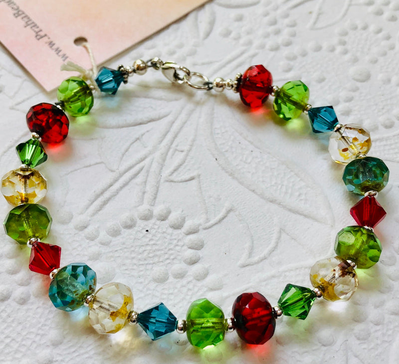 Rainbow Czech Glass and Swarovski Crystal Bracelet in Sterling Silver