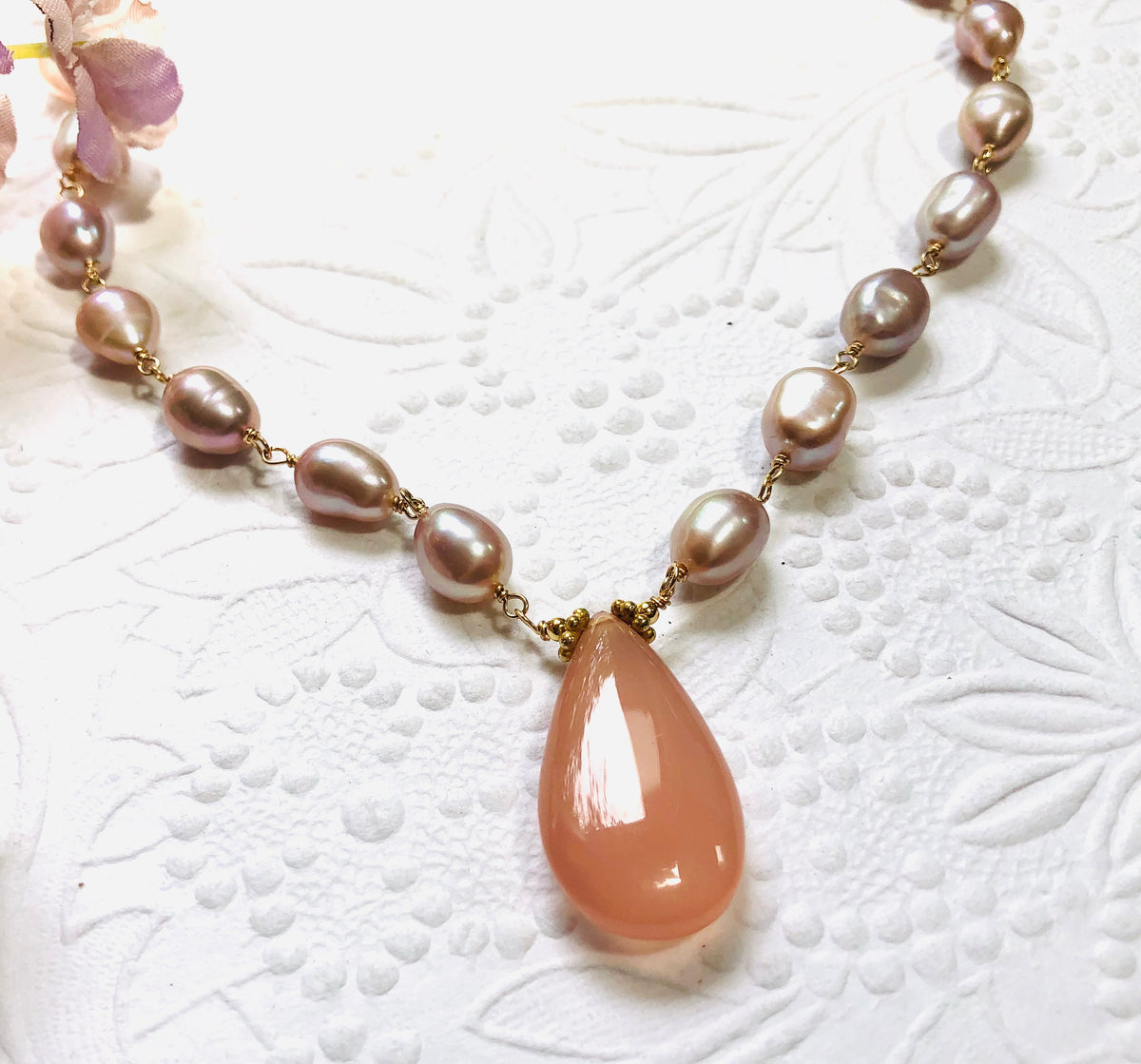 Pink Chalcedony and Mauve Freshwater Pearl Necklace in 14K Gold Fill