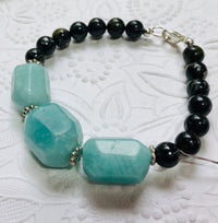 Flower Obsidian and Blue Raw Quartz Bracelet in Sterling Silver