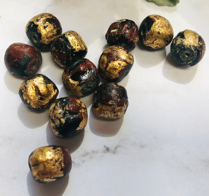 Clay Buddha Prayer Beads with Gold Leaf, 8 MM - 10 MM