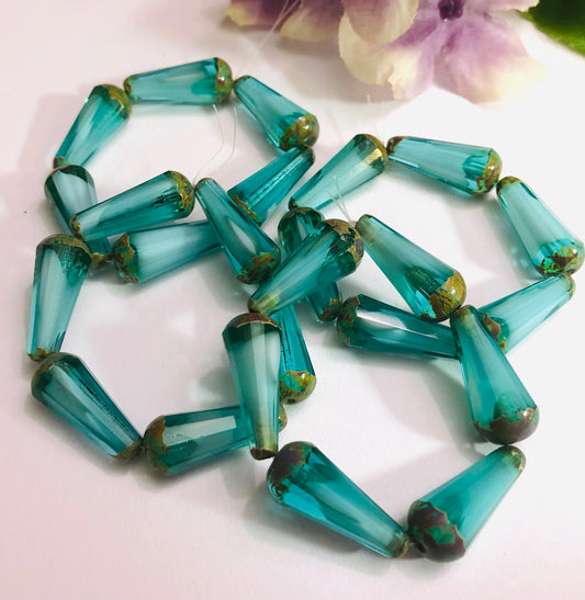 Faceted Dangle Drop Sky Blue with Picasso Finish, 20 MM x 9 MM