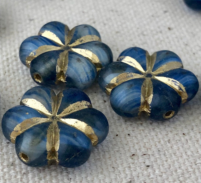 Blue Puffed Flower Czech Glass Beads