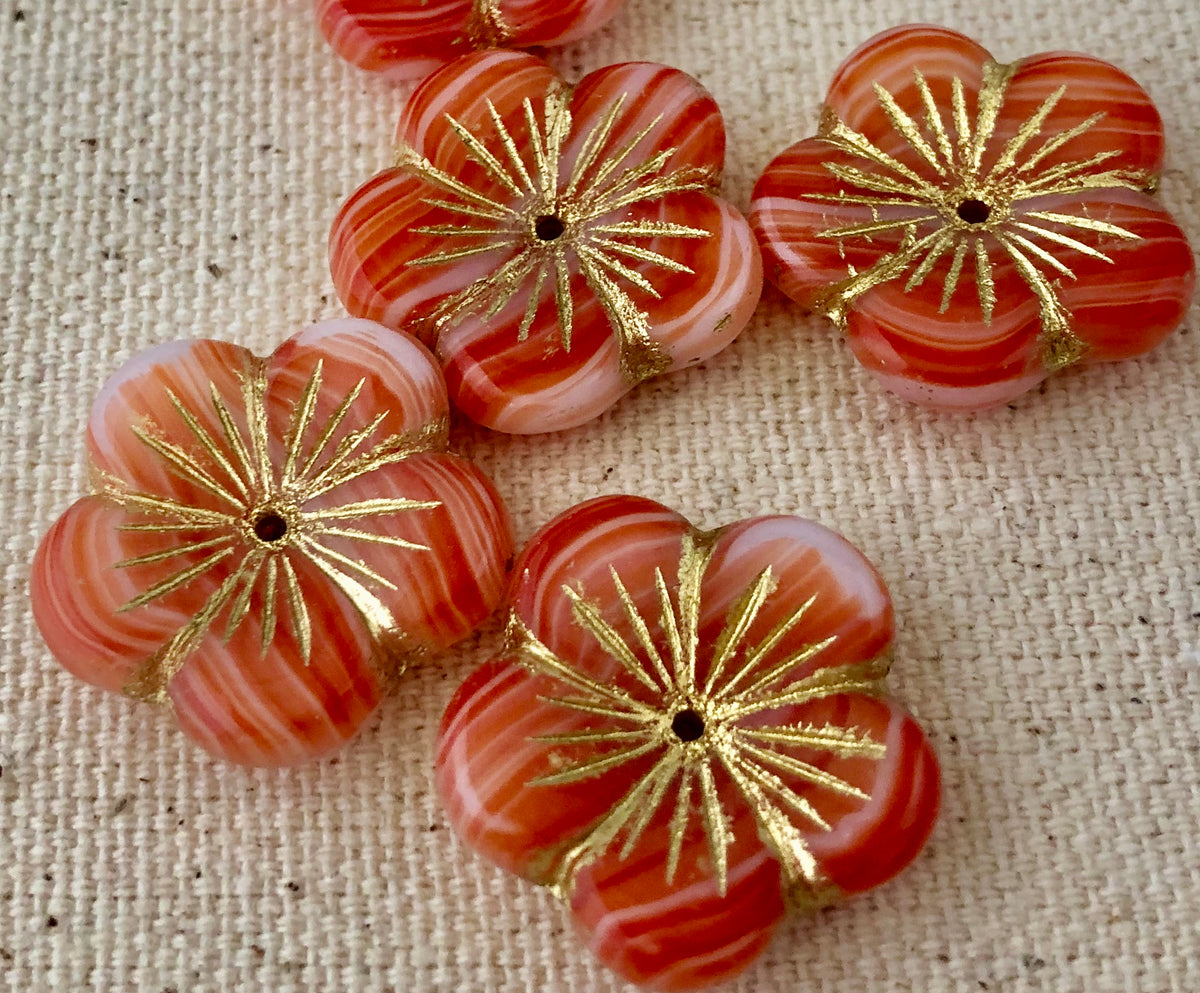 Tangerine Czech Puffed Glass Flower Beads