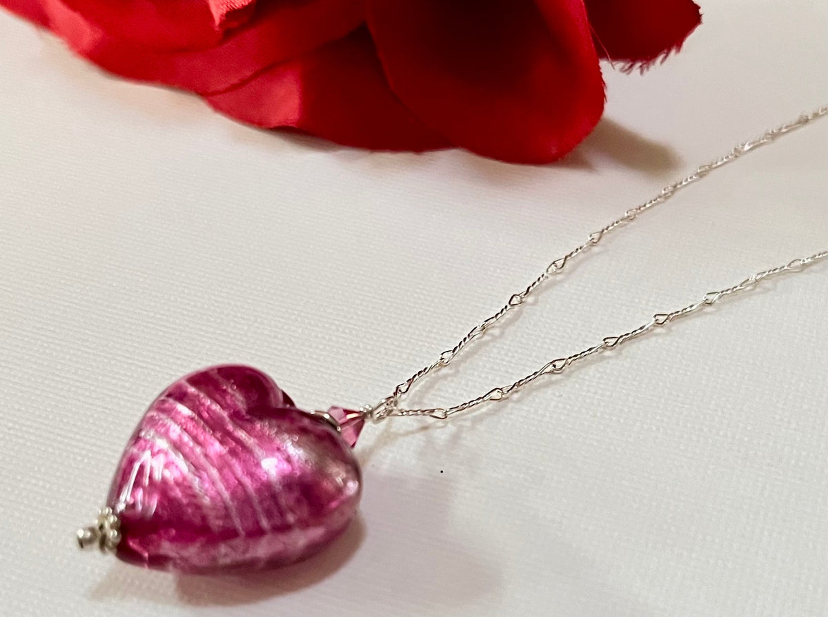 Murano Glass Pink "Puffy" Heart in Sterling Silver