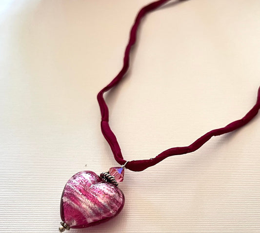 Murano Glass Pink "Puffy" Heart on Silk Cord