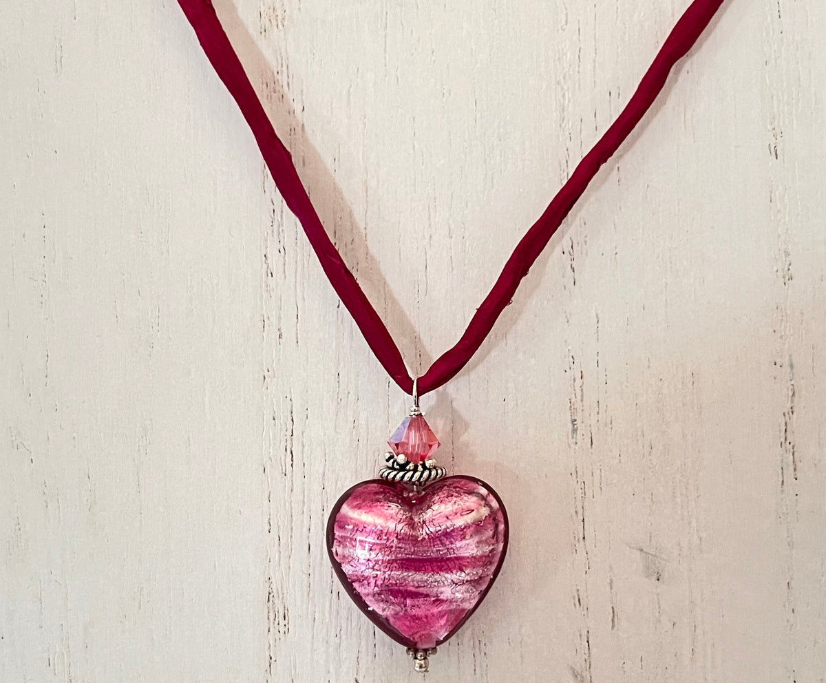 Murano Glass Pink "Puffy" Heart on Silk Cord SPECIAL PRICE!