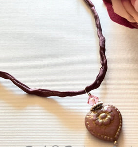 Czech Glass Light Mauve Heart Necklace on Silk Cord