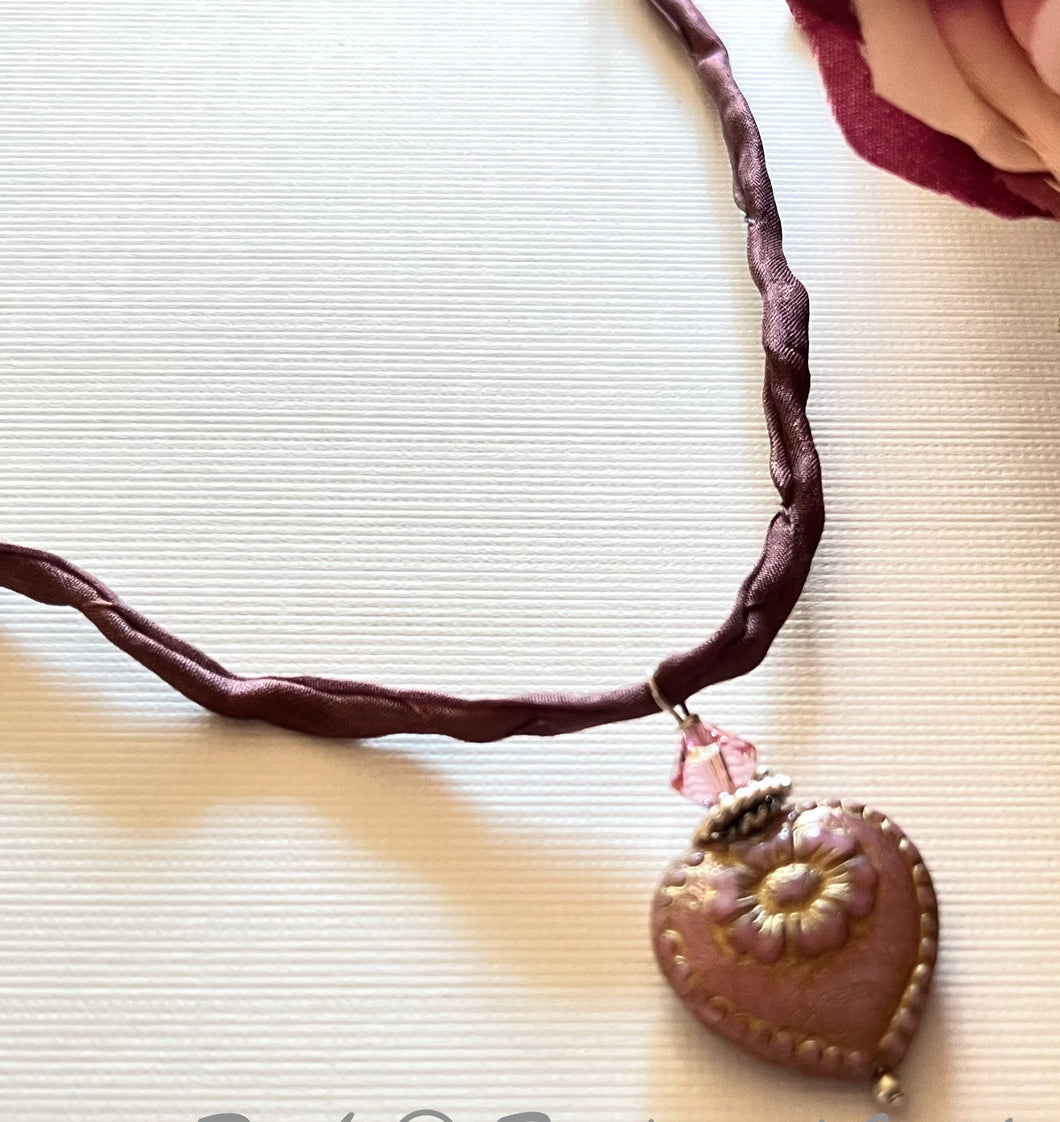 Czech Glass Light Mauve Heart Necklace on Silk Cord