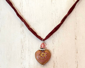 Czech Glass Light Mauve Heart Necklace on Silk Cord