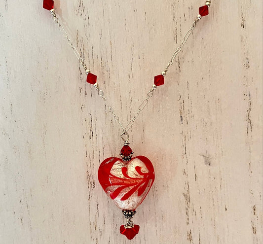 Murano Glass Silver and Red "Puffy" Heart on Sterling Silver