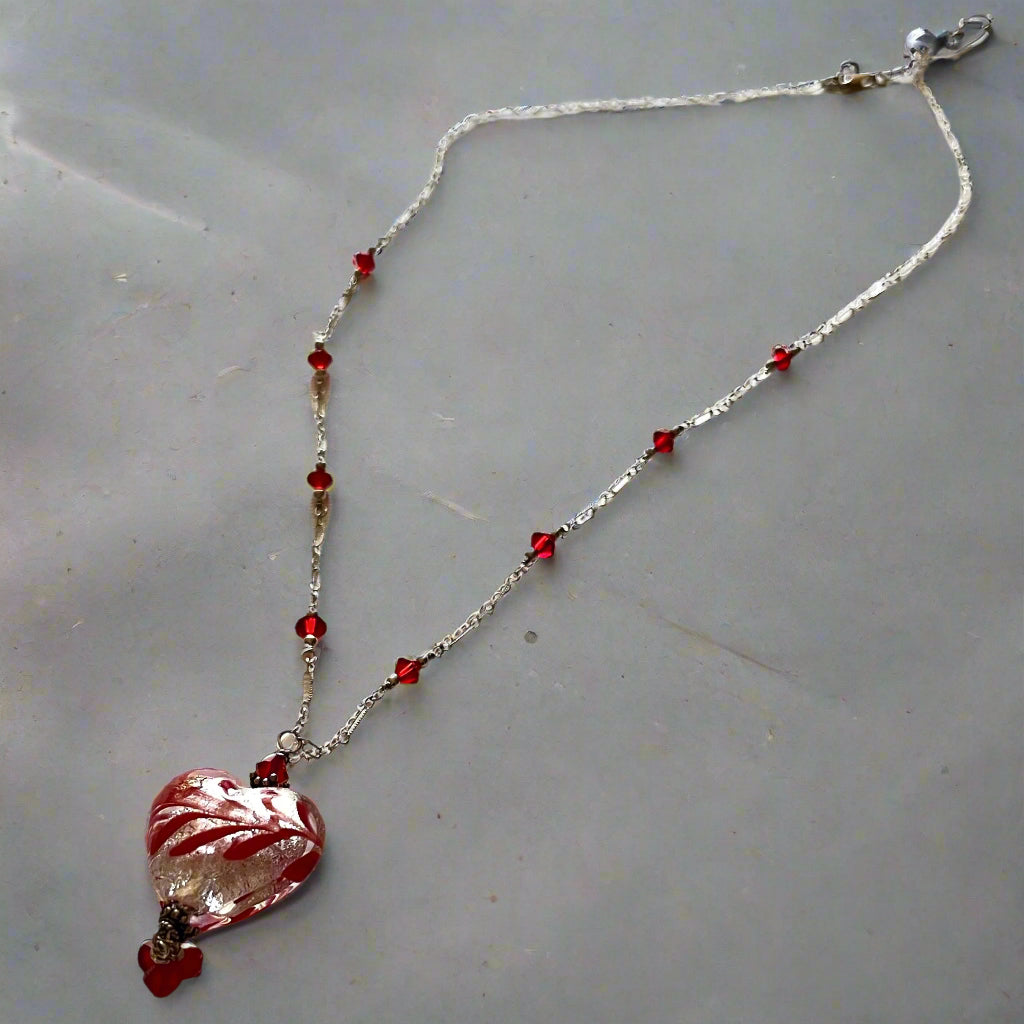 Murano Glass Silver and Red "Puffy" Heart on Sterling Silver SPECIAL PRICE!