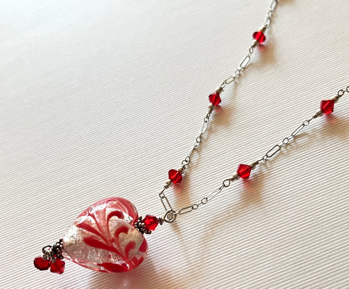 Murano Glass Silver and Red "Puffy" Heart on Sterling Silver SPECIAL PRICE!