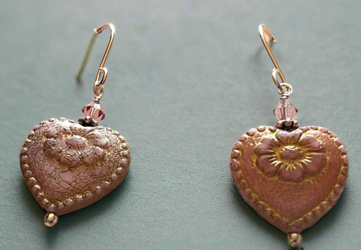 Czech Glass Light Mauve Heart Earrings in Sterling Silver