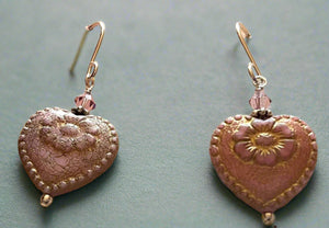 Czech Glass Light Mauve Heart Earrings in Sterling Silver