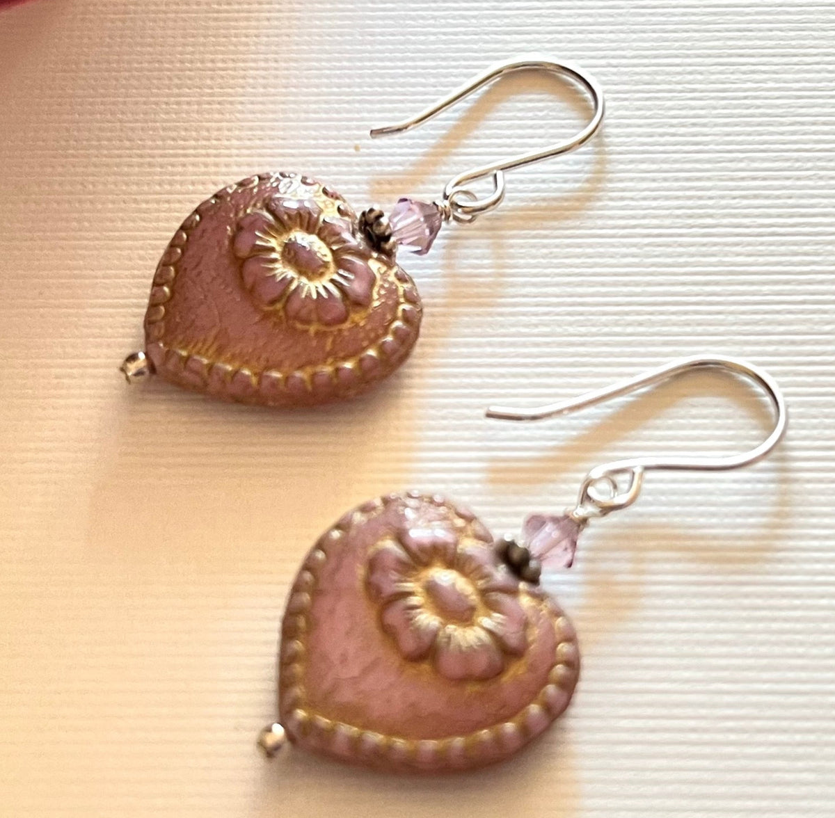 Czech Glass Light Mauve Heart Earrings in Sterling Silver