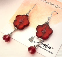 Load image into Gallery viewer, Czech Glass Dark Pink Flower Drop Earrings in Sterling Silver
