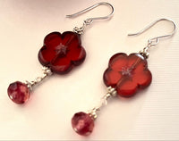 Czech Glass Dark Pink Flower Drop Earrings in Sterling Silver