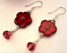 Load image into Gallery viewer, Czech Glass Dark Pink Flower Drop Earrings in Sterling Silver
