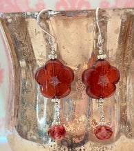 Load image into Gallery viewer, Czech Glass Dark Pink Flower Drop Earrings in Sterling Silver
