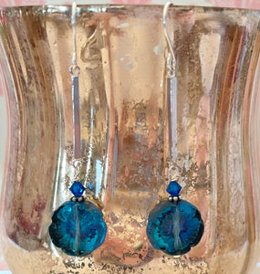 Czech Glass Teal Flower Drop Earrings in Sterling Silver