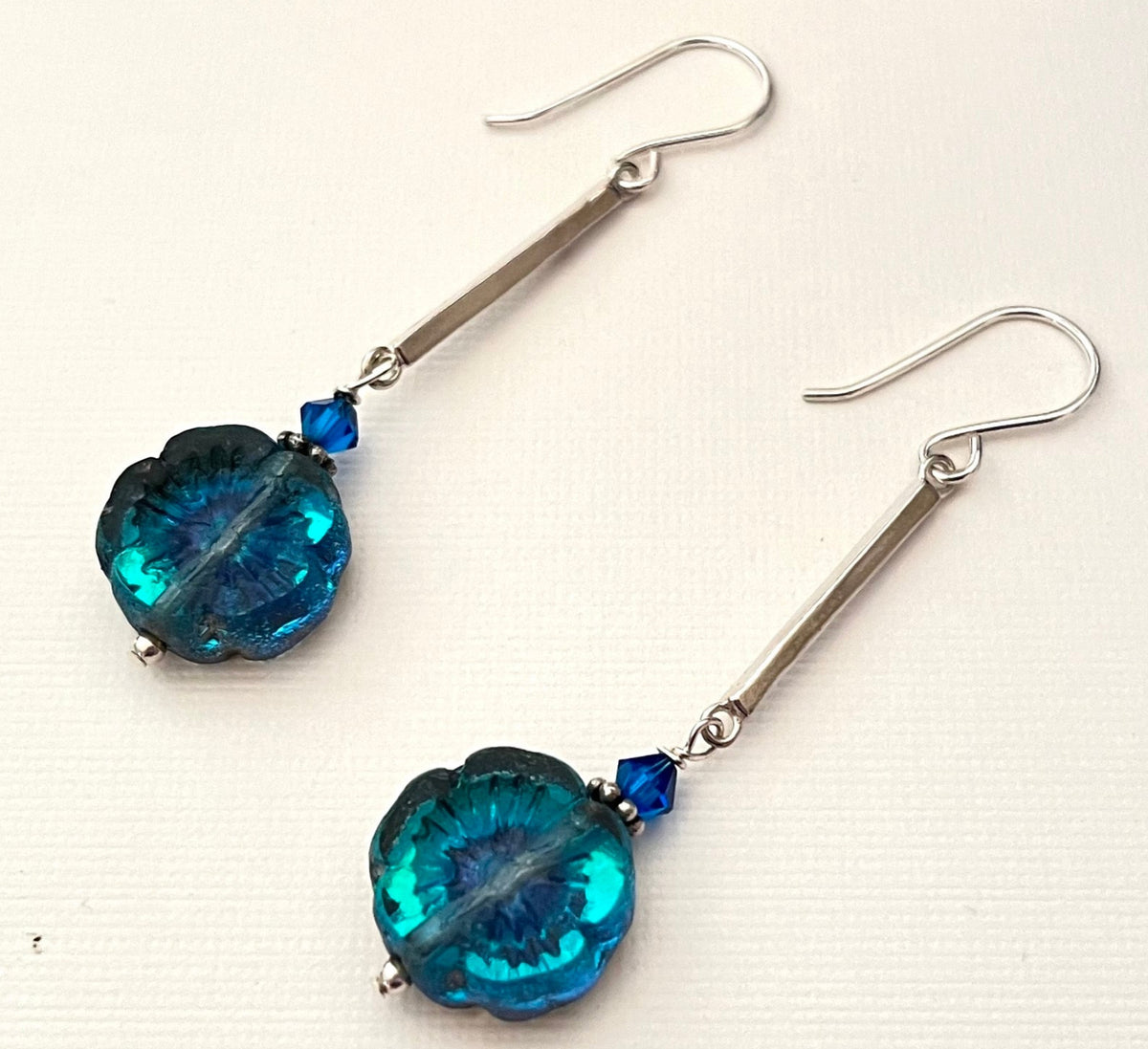 Czech Glass Teal Flower Drop Earrings in Sterling Silver