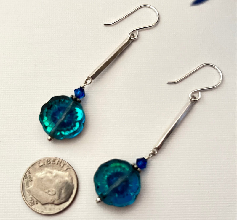 Czech Glass Teal Flower Drop Earrings in Sterling Silver