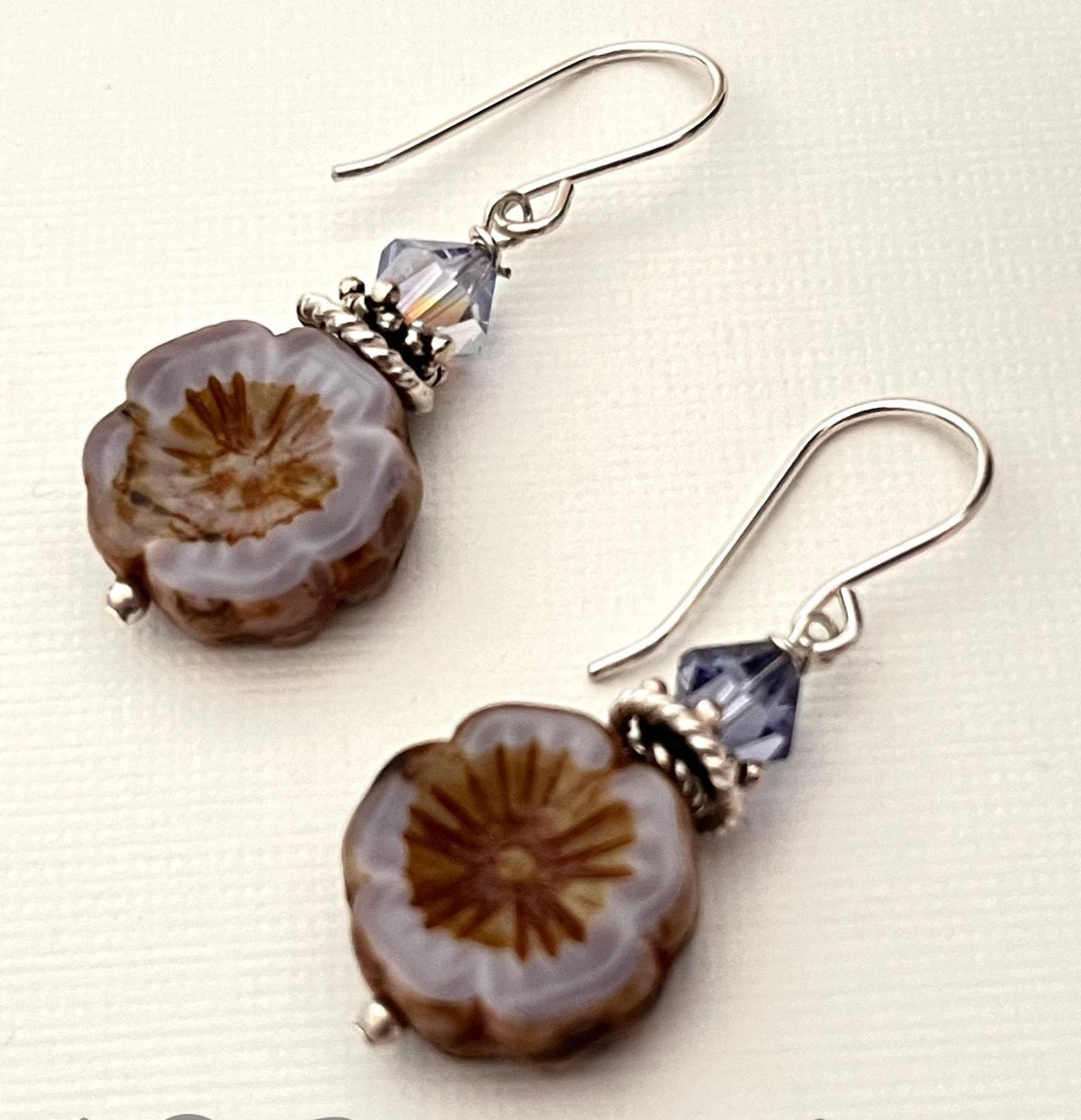 Czech Glass Lavender Flower Drop Earrings in Sterling Silver