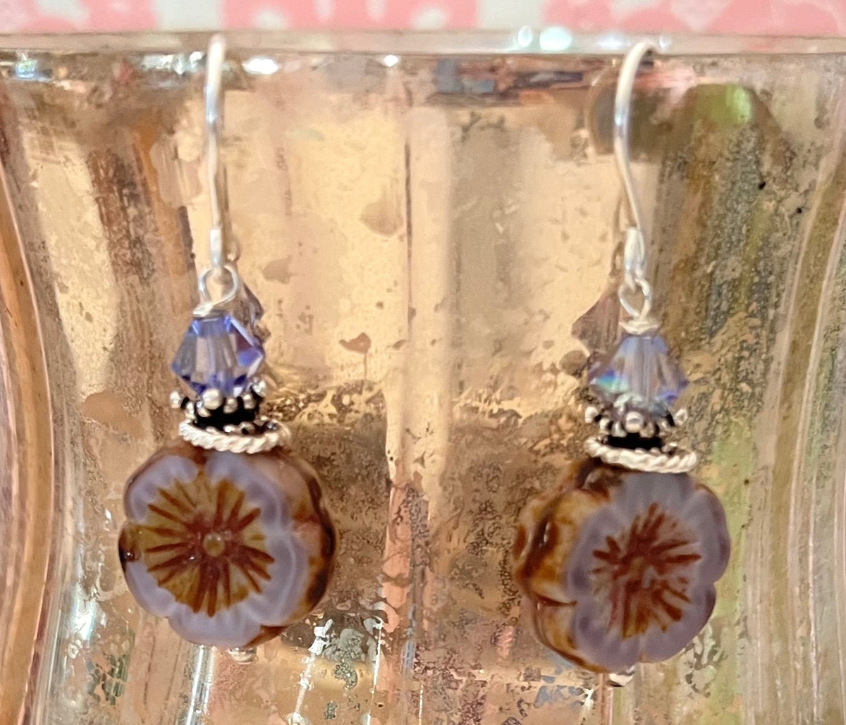 Czech Glass Lavender Flower Drop Earrings in Sterling Silver