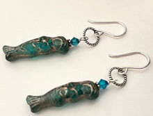 Load image into Gallery viewer, Czech Glass Dark Teal Mermaid Earrings in Sterling Silver
