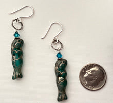 Load image into Gallery viewer, Czech Glass Dark Teal Mermaid Earrings in Sterling Silver
