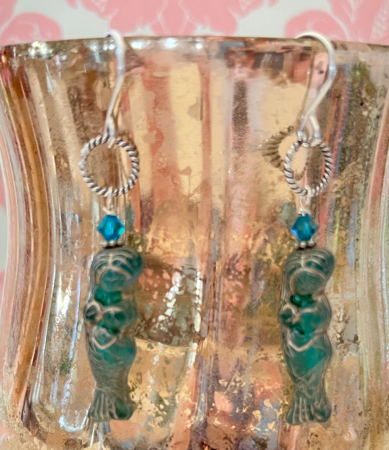 Czech Glass Dark Teal Mermaid Earrings in Sterling Silver